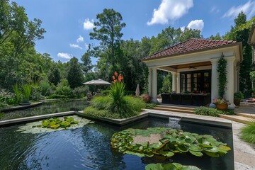 Obraz premium A landscape featuring a beautiful and expansive garden with a prominent pond. generative ai