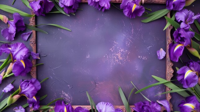 vibrantly colored picture frame overflowing with purple flowers rests against a matching purple backdrop