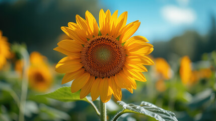 Fototapeta premium Sky-Blue Backdrop Showcased Sunflower in Full Bloom