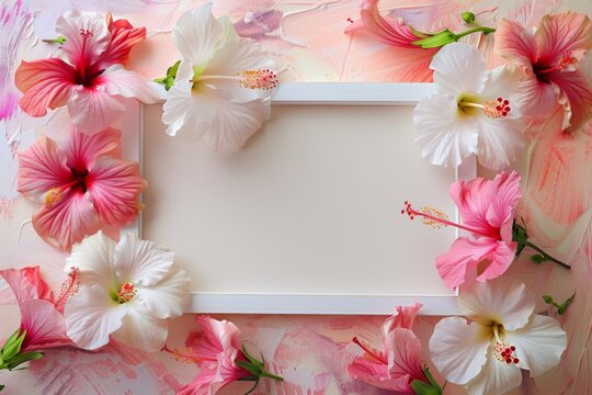 display of vibrant hibiscus flowers surrounding a blank, white rectangular frame