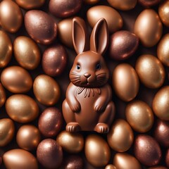 Fototapeta na wymiar milk chocolate easter bunny surrounded by chocolate easter eggs on white background