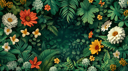 Fototapeta na wymiar floral pattern. A lush botanical arrangement, rich with diverse tropical flora, showcases a variety of vibrant flowers and greenery in a dense, garden-like composition. ai