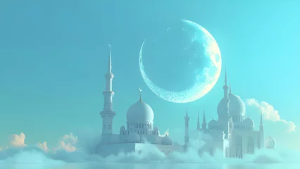 Keuken spatwand met foto Crescent Moon and Mosque on Light Blue Background  © yusuf