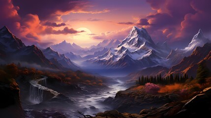 A snow-covered mountain pass with a winding road, surrounded by towering peaks and a sky painted in hues of orange and purple during the sunset - obrazy, fototapety, plakaty