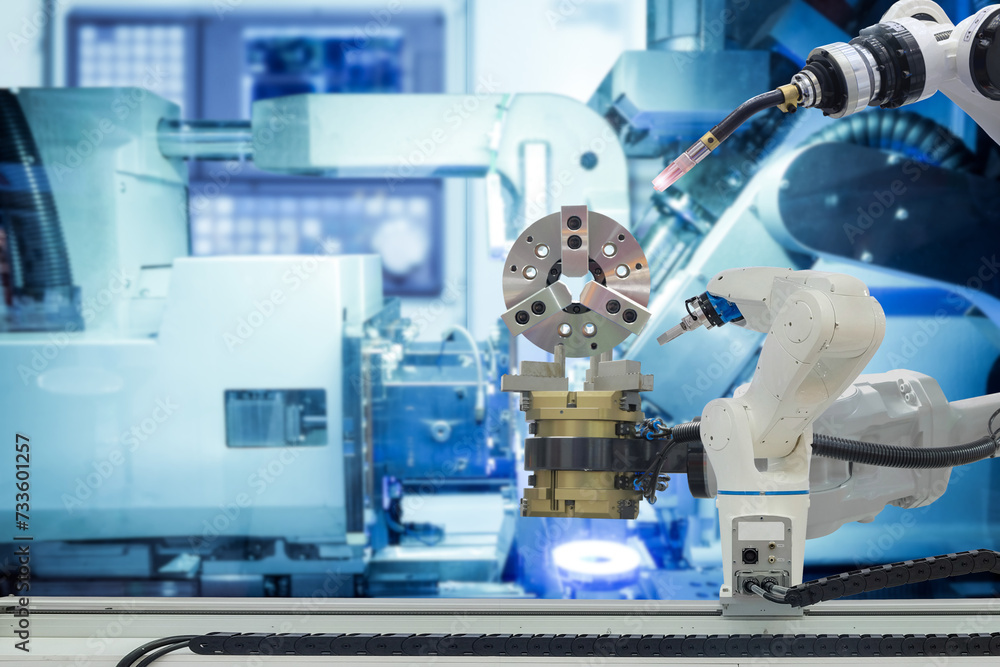 Poster close-up industrial gripping and welding robotic working with metalwork on smart factory assembly li