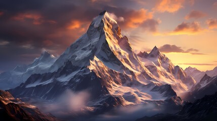 A snow-covered mountain peak illuminated by the first light of dawn, casting a warm glow on the surrounding winter landscape - obrazy, fototapety, plakaty