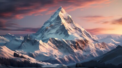A snow-covered mountain peak illuminated by the first light of dawn, casting a warm glow on the surrounding winter landscape - obrazy, fototapety, plakaty
