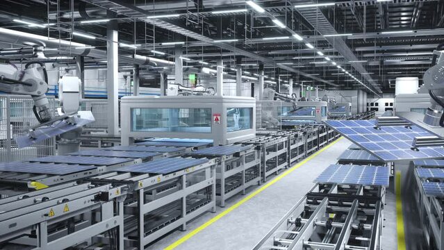 Eco friendly solar panel manufacturing plant with robotic arms placing PV modules on automation lines. Machinery in production factory assembling solar cells for clean energy industry, 3D animation