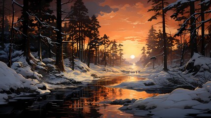 A snowy forest at sunset, with the last light of the day filtering through the trees and casting a warm golden glow on the untouched snow - obrazy, fototapety, plakaty