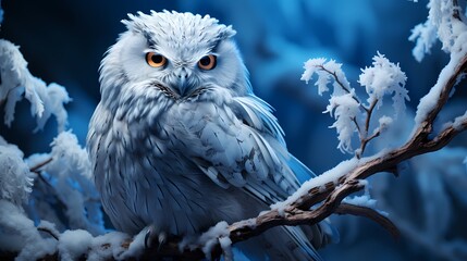 A snowy owl perched on a frost-covered branch, its feathers blending with the winter landscape, with the soft glow of the moon - obrazy, fototapety, plakaty