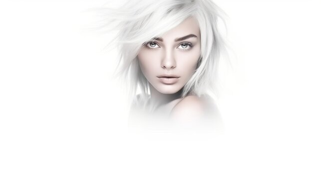 Beautiful blonde girl with white hair and professional make-up. Beauty face. Picture taken in the studio on white background