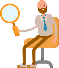 Bald Businessman Character Sitting and Holding Magnifier
