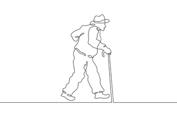 Fototapeta na wymiar Old man with a stick. An elderly man walks with a cane. Pensioner.One continuous line . Line art. Minimal single line.White background. One line drawing.