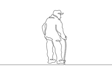 Old man with a stick. An elderly man walks with a cane. Pensioner.One continuous line . Line art. Minimal single line.White background. One line drawing.