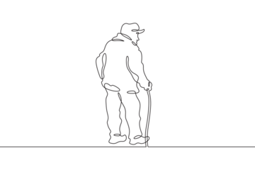 Old man with a stick. An elderly man walks with a cane. Pensioner.One continuous line . Line art. Minimal single line.White background. One line drawing.