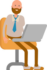 Fototapeta na wymiar Bald Businessman Character Working on Laptop 