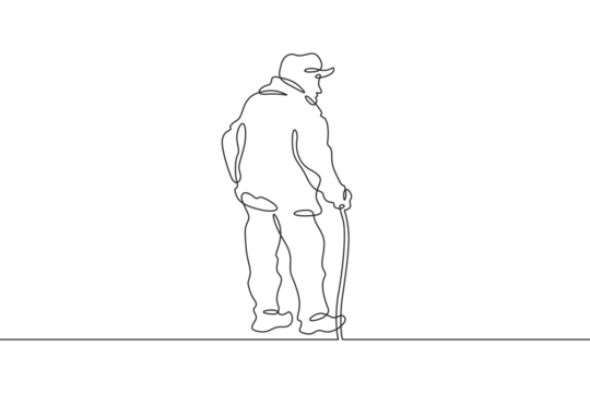 Old man with a stick. An elderly man walks with a cane. Pensioner.One continuous line . Line art. Minimal single line.White background. One line drawing.
