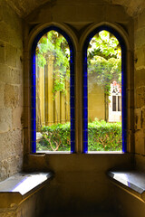 fenêtre avec lapis lazulli arbre dans jardin suspendu sur porte château d'Olite dans le pays de Navarre en Espagne