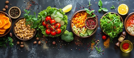 Healthy options for meals including fruits, salads, and spices.