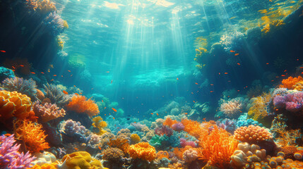 Vibrant Sunlit Coral Reef Under Clear Waters