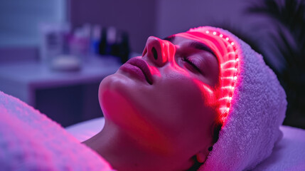 Young woman undergoing facial therapy procedure with red LED light in beauty salon. Beauty and health concept.