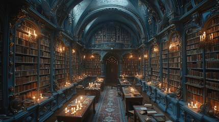 Mysterious Candle-Lit Medieval Library - obrazy, fototapety, plakaty