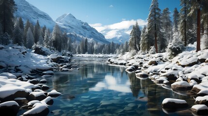 A winding river surrounded by snow-laden pine trees, the water partially frozen, reflecting the crisp blue sky above