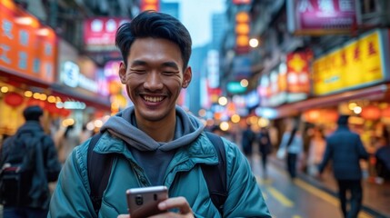 Asian man is smiling and expressing his happy feeling on the cellphone screen. He got good news and show his cheerful face. - obrazy, fototapety, plakaty