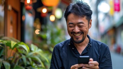 Asian man is smiling and expressing his happy feeling on the cellphone screen. He got good news and show his cheerful face. - obrazy, fototapety, plakaty