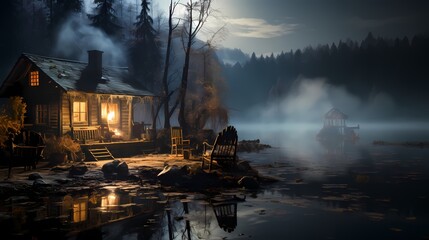 A wooden cabin by a frozen lake, smoke rising from the chimney, and a pair of ice skates left on the porch, capturing the essence of a winter retreat - obrazy, fototapety, plakaty