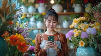 Asian young business owner flower vases store presenting and selling vases online via smartphone to live streaming in apps or social media platform surrounded by beautiful flower vases at home