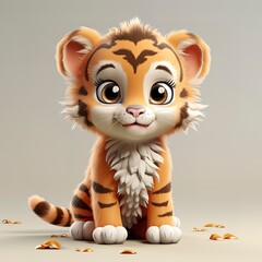 Fototapeta premium flat logo of Cute baby tiger with big eyes lovely little animal 3d rendering cartoon character 