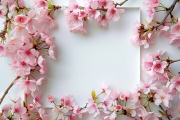 Fototapeta na wymiar delicate pink cherry blossoms encircling a blank white canvas, presenting a harmonious blend