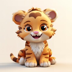flat logo of Cute baby tiger with big eyes lovely little animal 3d rendering cartoon character