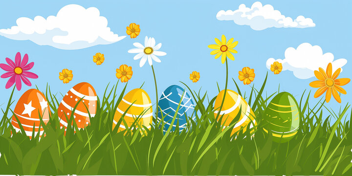 Illustrated background image featuring easter eggs hidden among long grass and flowers