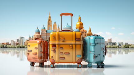 A set of 3D colorful travel luggage in various sizes standing before a picturesque city skyline reflecting on a smooth surface.