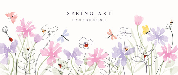 Abstract spring floral art background vector illustration. Watercolor hand painted botanical flower, leaves, insect, butterflies. Design for wallpaper, poster, banner, card, print, web and packaging. - 733604067
