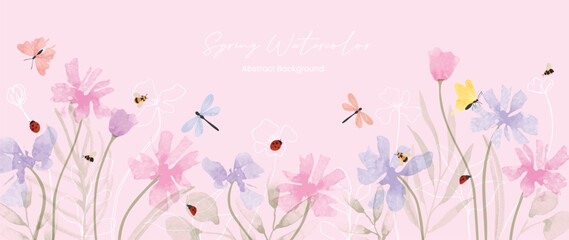 Fototapeta na wymiar Abstract spring floral art background vector illustration. Watercolor hand painted botanical flower, leaves, insect, butterflies. Design for wallpaper, poster, banner, card, print, web and packaging.