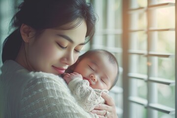 Happy Asian mother holding a cute newborn baby sleep on arm comfort and safety. Happy infant baby sleep with mother standing near windows warm and relax. Good moment.