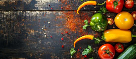 Wooden background with green and yellow paprika, tomato, zucchini, and chili peppers, sprinkled with chili powder. - obrazy, fototapety, plakaty