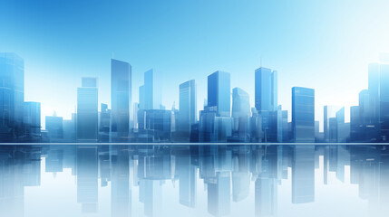スマートシティの近代的な高層ビル、未来的な金融街、建物と反射のグラフィックパース - 企業やビジネスパンフレットのテンプレートのための建築の青い背景