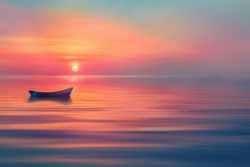 lone sailboat silhouetted against a fiery orange and pink sunset, with gentle waves lapping against its hull