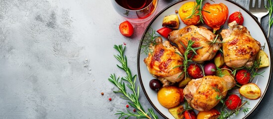 Fototapeta na wymiar Chicken with veggies and wine on a gray backdrop