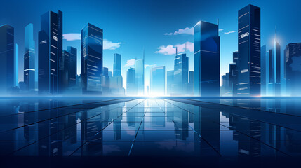 Obraz premium スマートシティの近代的な高層ビル、未来的な金融街、建物と反射のグラフィックパース - 企業やビジネスパンフレットのテンプレートのための建築の青い背景
