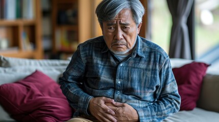 Fototapeta premium Senior men holding his stomach feeling pain while sitting on the sofa at home. Asian man having stomachache with isolated gastric.