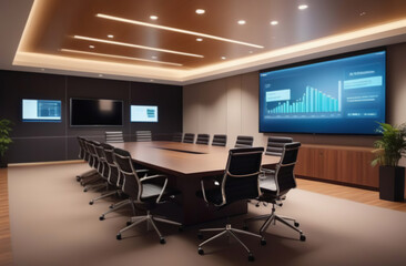 Defocused abstract Conference Room with big desk table, presentation TV, Infographics, Statistics, Graphs. E-Commerce Startup. Blurred empty modern city office. Business open space interior. Finance
