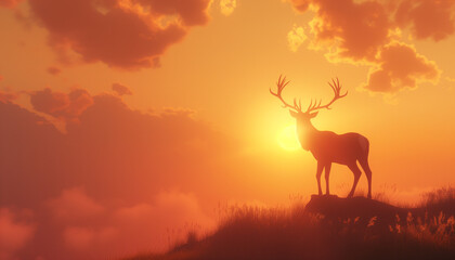 Fototapeta na wymiar A deer stands silhouetted on a hilltop with its antlers etched against the fiery orange sky of a setting sun, creating a peaceful and majestic end-of-day scene