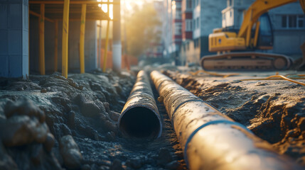 installation of a sewage pipe during the construction - obrazy, fototapety, plakaty