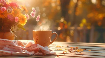 Foto op Plexiglas A cup of hot morning coffee and a bouquet. © usman