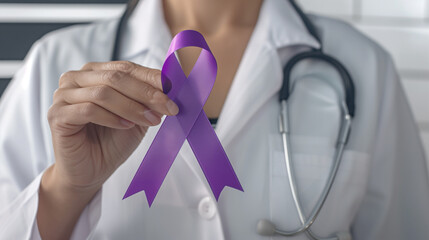 a female doctor holding a purple ribbon